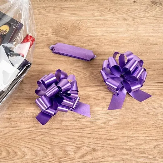 Restaurantware Gift Tek 5.5 Inch Ribbon Pull Bows 10 Satin Pull Bows - 20 Loops Instant Pull Design Purple Plastic Flower Bows For Gifts Large For Wedding Baskets And Gift Wrapping