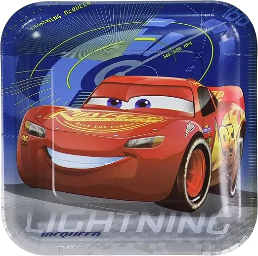Disney Cars 3 Square Plates, 9" (Pack of 8) - Multicolor Paper Party Plates - Perfect for Kids Birthday or Thomas the Tank-Themed Party