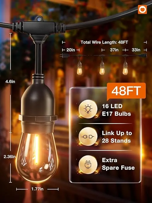 addlon LED Outdoor String Lights 48FT with Edison Vintage Shatterproof Bulbs and Commercial Grade Weatherproof Strand - ETL Listed Decorative Lights for Patio Garden