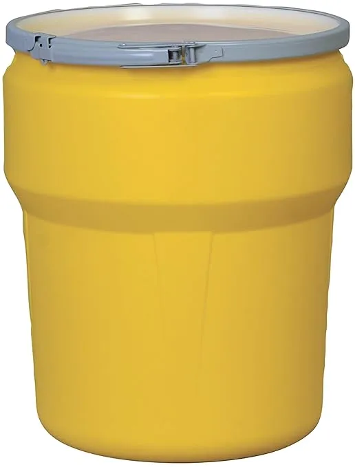 Eagle 10 Gallon Plastic Drum with Lid, Metal Lever-Lock, 18.3"x15", Open Head Lab Pack Drum Made of Durable, Lightweight HDPE, Withstands Weather and Chemicals, Made in USA, Yellow, 1609M