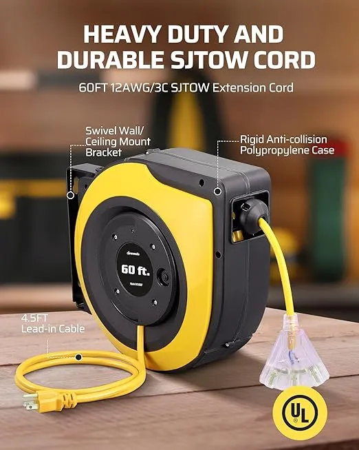 DEWENWILS Retractable Cord Reel, 60FT Heavy Duty Extension Cord, 12AWG/3C SJTOW, 3 Grounded Outlets Lighted Triple Tap, 15A Circuit Breaker, Wall/Ceiling Mounted for Garage, Workshop, UL Listed