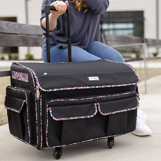 Everything Mary XXL Rolling Sewing Tote, Black Floral - Rolling Carrying Storage Cover Case Compatible with for Large Brother and Singer Machines - Universal Travel & Craft Tote Bag