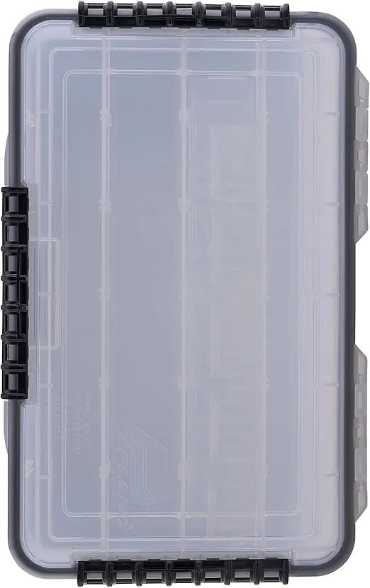 Plano Waterproof 3700 Stowaway Tackle Box, 14" X 9" X 1.875", Durable Cam-Action Latches, O-Ring Seal, Adjustable Dividers for Versatile Fishing Storage, Clear/Red