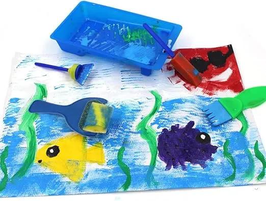EVNEED Paint Sponges for Kids,29 pcs of Fun Paint Brushes for Toddlers.Coming with Sponge Brush, Flower Pattern Brush, Brush Set, Long Sleeve Waterproof Apron with 3 Roomy Pockets Colourful