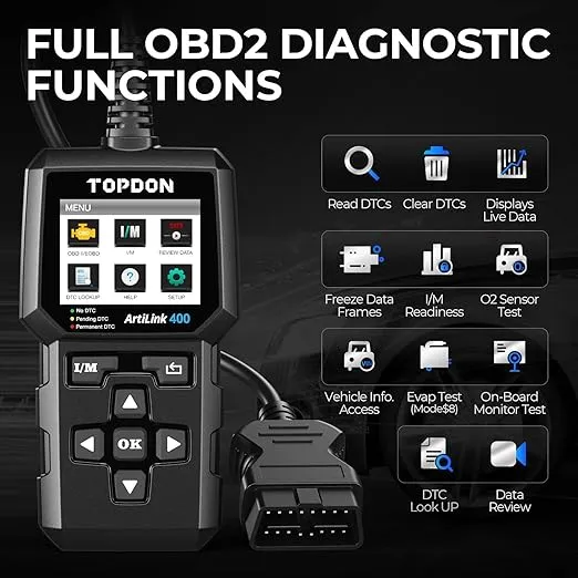 TOPDON AL400 OBD2 Scanner, Full OBDII Code Reader, Check Engine Light Scan Tool, Car Scanner with DTC Lookup, Clear Codes, Freeze Frame, One-Click I/M, Diagnostic Scanner for DIYers, Lifetime Update