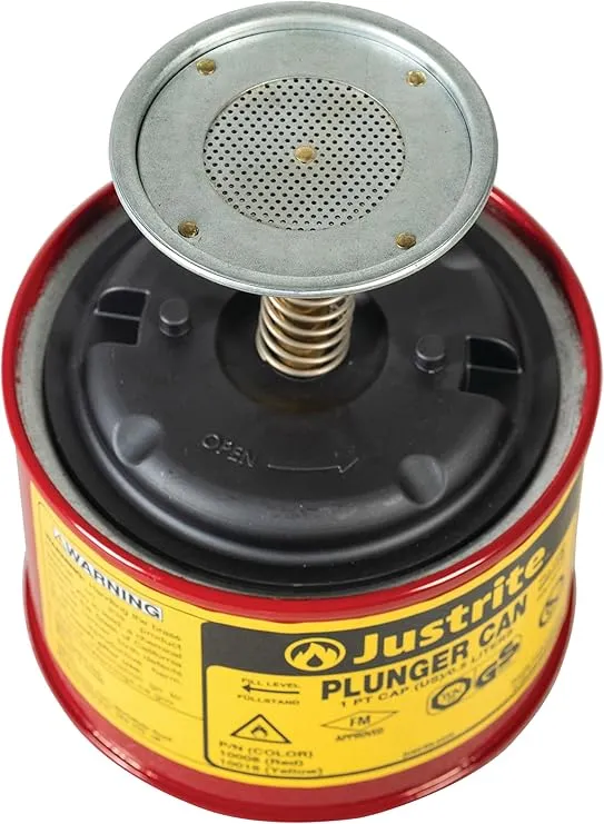 Justrite Plunger Can for Solvents, 1 Pint Capacity, 5.25" x 4.9" Steel Push-Down Solvent Dispenser Can, Made in the USA Industrial Mechanic Tools, Red, 10008