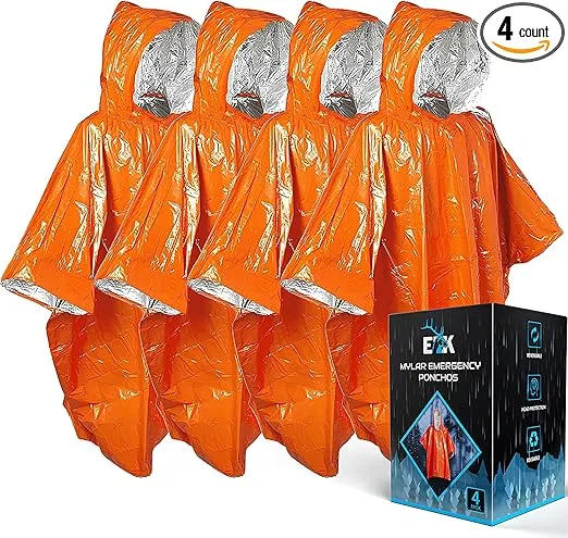 ELK Emergency Poncho 4-Pack - Heat Retention, Mylar Reversible Thermal Raincoat Blanket, Reflective for Increased Visibility - Outdoor Camping Survival Gear