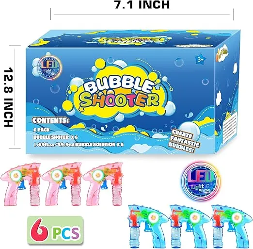 6 Pcs Bubble Gun Shooter LED Light up(no Batteries Needed), Wind up Operated Bubbles Blaster Blower with Bottle Solutions, Bubble Blowing Toy kit for Kid Boy and Girl Outdoor Summer Game Party Favor