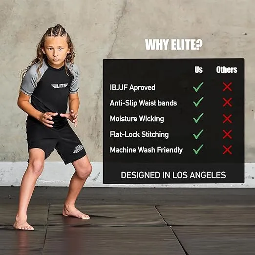 Elite Sports Kids' Jiu Jitsu BJJ Rash Guard, Short Half Sleeve Compression Shirt for Youth Boys Girls Sports Nogi Training
