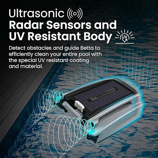 Betta SE Plus - Solar Powered Robotic Pool Surface Skimmer with Dual Charging Options and 30-Hour Continuous Cleaning Battery Power, Shallow Water Safeguard, and Twin Salt Chlorine Tolerant Motors