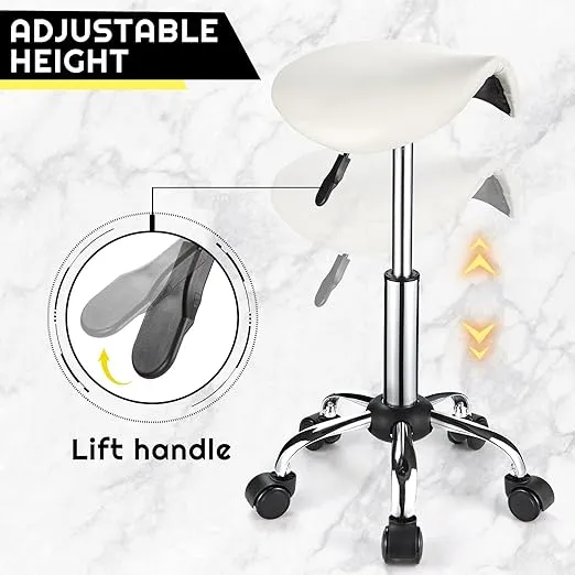 Saddle Rolling Stool with Wheels PU Leather Height Adjustable Swivel Stools Chair White