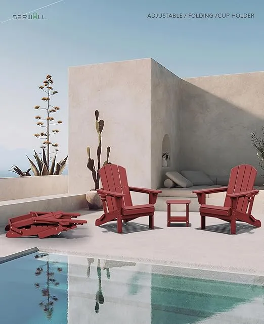 SERWALL Adjustable Folding Adirondack Chair, Reclining Adirondack Chair with Cup Holder, Red