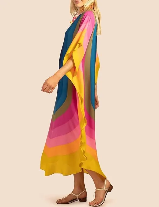 Bsubseach Colorful Kaftan Dresses for Women Long Bathing Suit Cover Ups Maxi Beach Coverups Caftan
