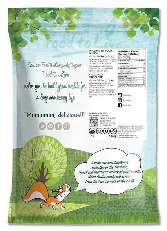 Food to Live Organic Tri-Color Quinoa, 10 Pounds — Non-GMO, Three-Color Blend of White, Black, and Red, Whole Grain, Non-Irradiated, Kosher, Vegan, Sproutable, Sirtfood, Good Source of Fiber, Protein