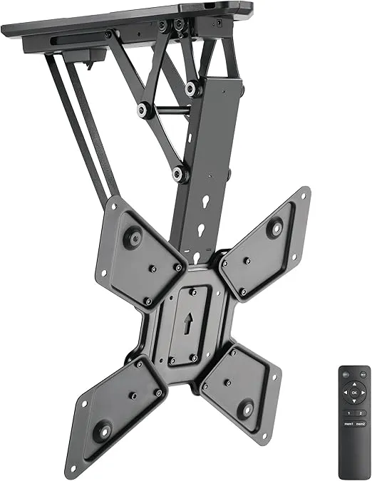 Mount-It Motorized Ceiling TV Mount With Remote, Electric Flip Down Pitched Roof Mount Fits 32, 37, 40, 47, 50 and 55 Inch Flat Screen TVs and Monitors, black