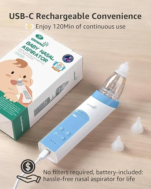 GROWNSY Nasal Aspirator for Baby, Electric Nose Aspirator for Toddler, Baby Nose Sucker, Automatic Nose Cleaner with 3 Silicone Tips, Adjustable Suctions, Music and Light Soothing Function (Blue)