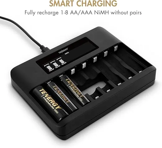 Tenergy TN480U 8-Bay LCD Display Fast Charger with 8 Pack AA and 8 Pack AAA Premium Pro Rechargeable Batteries