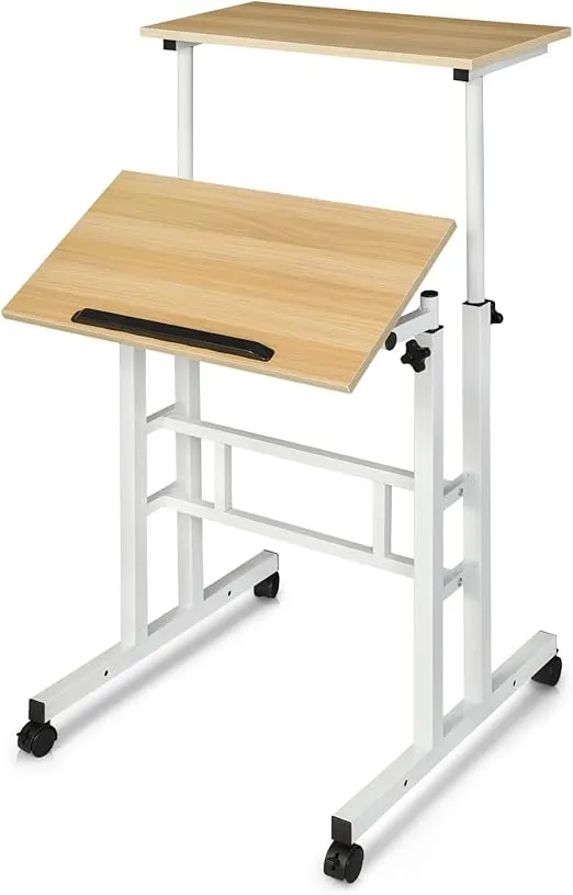MoNiBloom Mobile Standing Desk with 2 Platforms Adjustable Computer Laptop Desk Home Office Workstation Rolling Table Cart for Standing or Sitting, Natural