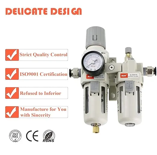 RIH Pneumatics 3/8" NPT Compressed Air Filter Regulator Lubricator Combo Water/Oil Trap Separator - Gauge(0-150 psi), Semi-Auto Drain, Poly Bowl,Bracket - 3 in 1 Two Unit (3/8" NPT)
