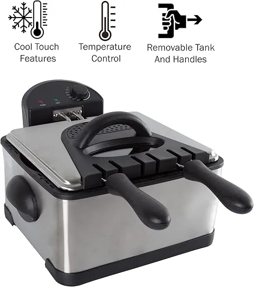Deep Fryer - 4-Liter Electric Oil Fryer - 1 Large Basket and 2 Small for Dual Use - Stainless-Steel Cooker with Cool Touch Features by Classic Cuisine