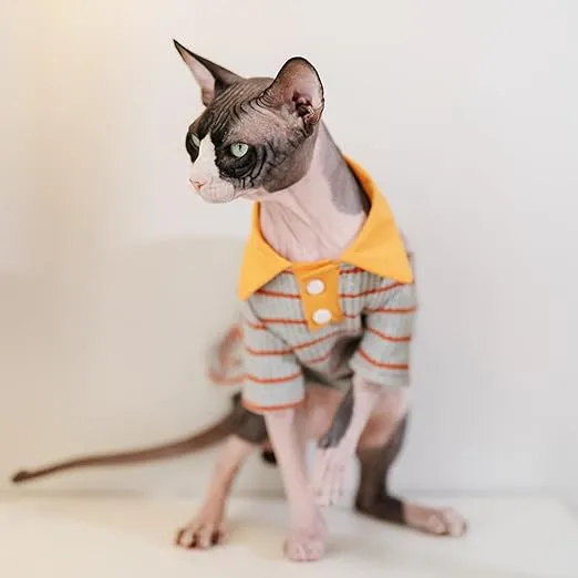 Sphynx Cat Shirt Cotton Hairless Kitten Polo T-Shirt with Sleeves Pullover Cat Pajamas for Sphynx Cornish Rex, Devon Rex, Peterbald (Grey Orange Polo, Large)