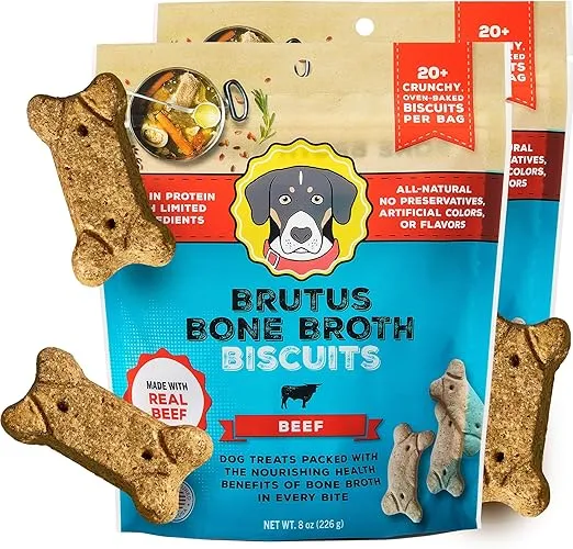 Brutus Bone Broth Biscuits (Beef) - Healthy Dog Treats - Natural Dog Biscuits with Dog Bone Broth and Real Beef for Healthy Joints - 18 Grams of Protein - 8 OZ (Pack of 2)