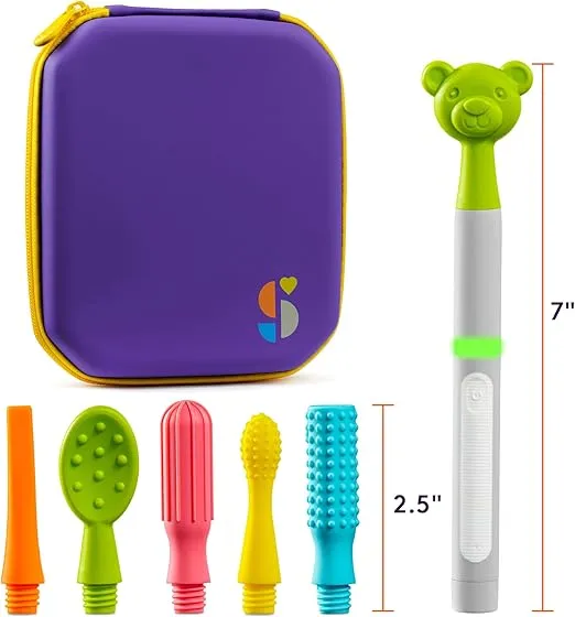 Special Supplies Buzz Buddy Oral Motor Stimulation kit with 6 Soft Textured Interchangeable Heads, Calm Sensory Needs, Support Speech, and Stimulate Self Feeding, Gentle Vibrations (Grey)
