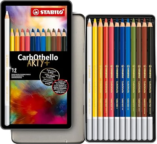 STABILO Chalk-Pastel Artist Colored Pencil CarbOthello - ARTY+ - Tin Set of 12 Colors- Watercolor Effects, Sketching, Drawing, Coloring