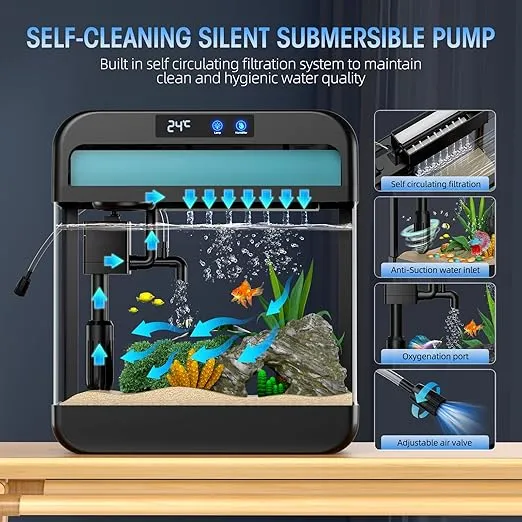 Fish Tank Aquarium 2.2 Gallon with Humidifier 7 Color Auto-Looping Light Self Cleaning 3 in 1 Pump with Filteration & Oxygenation & Circulation, Temperature Display, HD Float Glass, Thickened Base