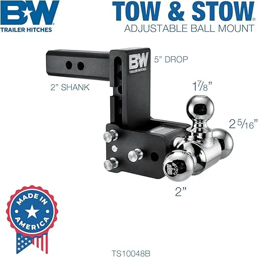 B&W Trailer Hitches Tow & Stow Adjustable Trailer Hitch Ball Mount - Fits 2" Receiver, Tri-Ball (1-7/8" x 2" x 2-5/16"), 5" Drop, 10,000 GTW - TS10048B