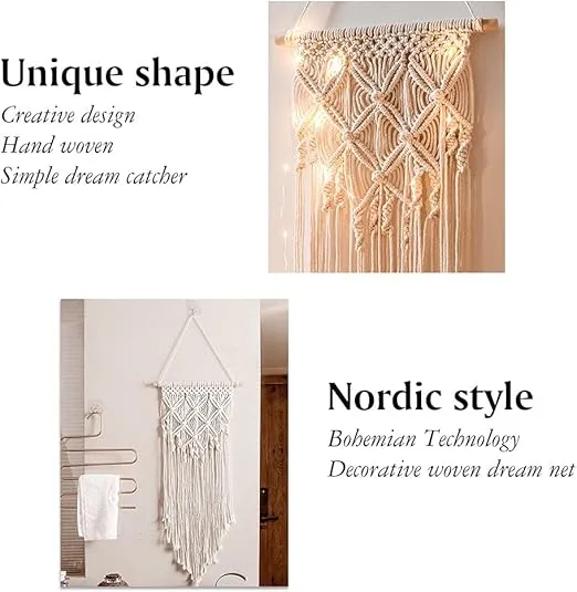 Macrame Woven Wall Hanging Wall Decor Boho Home Chic Bohemian Geometric Art Decor Beautiful Apartment Bedroom Dorm Room Decoration with Light