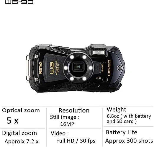 PENTAX WG-90 Black Waterproof Camera, Shockproof, Dustproof, Freezeproof, Built-in 6-LED Ring Light for Macro Photography, Underwater Shooting Mode