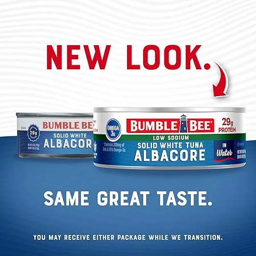 Bumble Bee Low Sodium Solid White Albacore Tuna in Water, 5 oz Can - Wild Caught Tuna - 29g Protein per Serving, High in Omega-3s - Non-GMO Project Verified, Gluten Free, Kosher