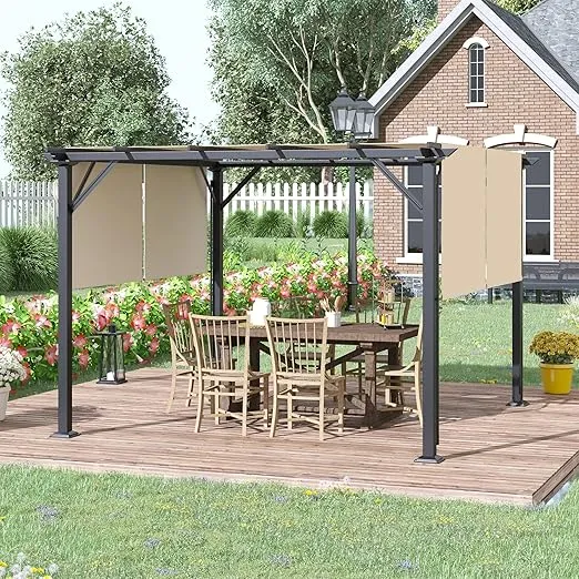 Outsunny 12' x 10' Outdoor Retractable Pergola Canopy with Sun Shade Unique Design Canopy Patio Metal Shelter for Garden Porch Beach, Beige