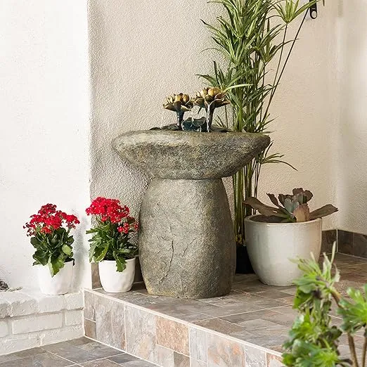 Alpine Corporation USA1393 Outdoor Floor Vintage Pedestal Lotus Rock Water Fountain, Soothing Pedestal Waterfall, 30", Brown
