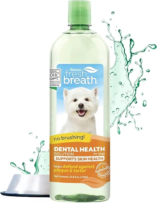 TropiClean Fresh Breath with Omega 3 & 6 for Skin Health | Dog Breath Water Additive | Dental Care | Dog Breath Freshener | Simple Pet Teeth Cleaning | Made in USA | 33.8 oz