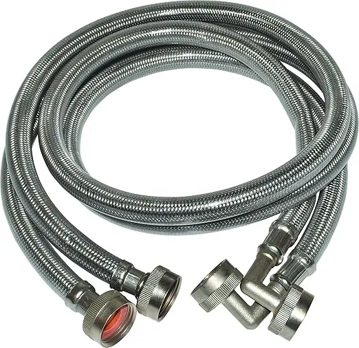 Eastman 48378 Braided Stainless Steel Washing Machine Hoses with 90 Degree Elbow, 3/4 inch FHT, 6 Ft, 2 Pack