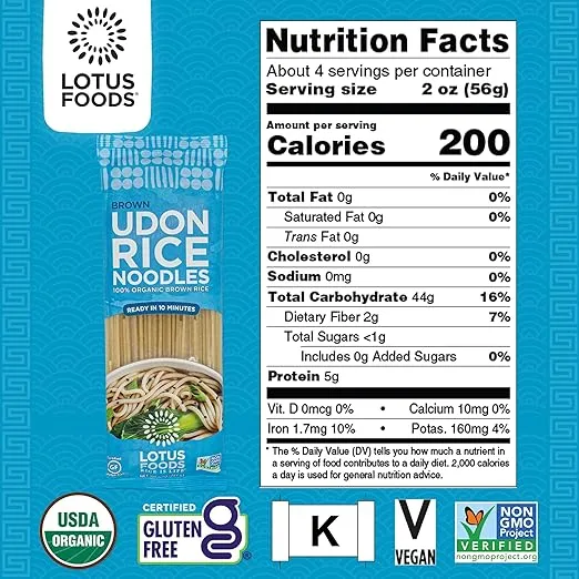 Lotus Foods Organic Brown Udon Rice Noodles - Gluten Free Udon Noodles, Organic Brown Rice Noodles, Vegan Asian Style Noodles, Whole Grain, Non GMO - 8 Oz (Pack of 8)
