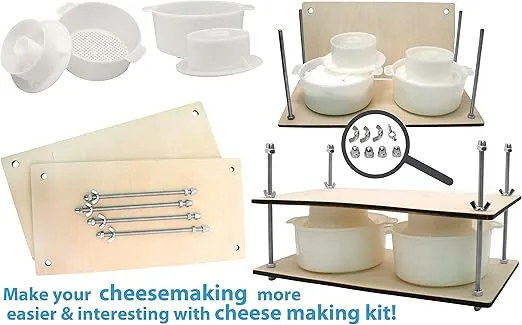 Wooden Cheese Press for Cheese Making Supplies 16in Metal Guides and 2 pcs Cheese Mold with Follower Piston 1.3Qt - large Home Supply Ultimate Cheese Press Machine - Prensa Para Queso Casero