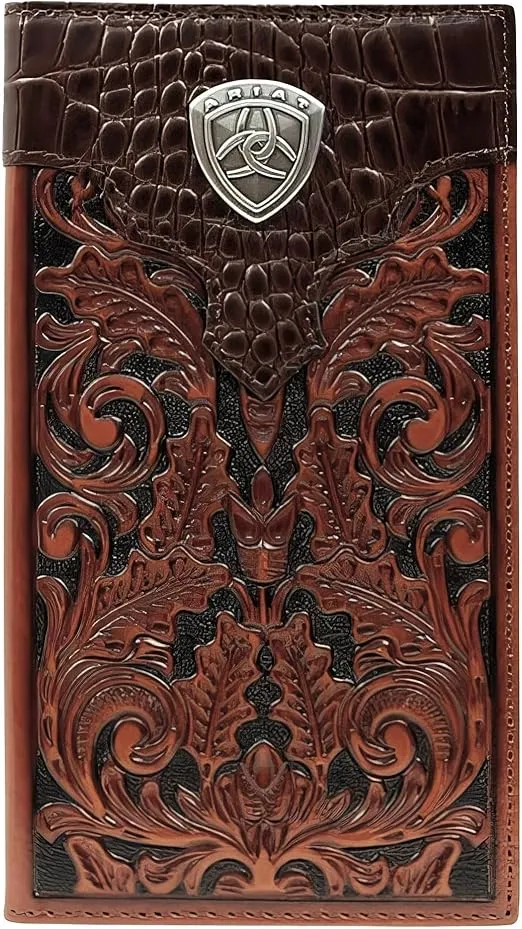 Ariat Men's Leather Rodeo Wallet - Oak Embossed with Alligator Print Top & Brand Concho
