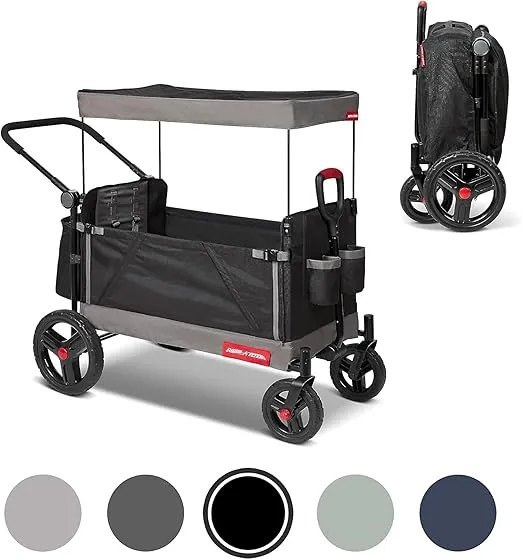 Radio Flyer Collapsible Folding Push and Pull Stroller Kids Wagon with Protective Canopy Cover and Travel Case for Ages 1 and Up, Black