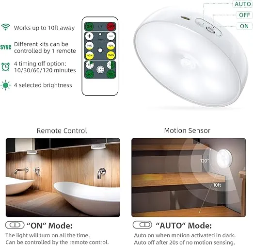 LED Closet Lights Wireless Motion Sensor Puck Light with Remote Control,USB Rechargeable Puck Lights, Dimmable Under Cabinet Indoor Lighting Magnet Stick-on Light for Counter Kitchen Wardrobe (6 Pack)
