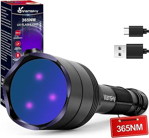 Vansky 365nm Black Light Flashlight: Rechargeable Blacklight UV Flashlights with 3 LED - Pet Urine Detector - AC Leak Detection & Rock Hunting
