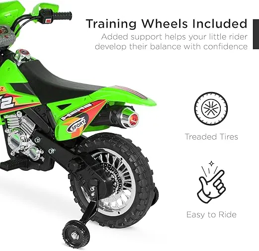 Best Choice Products Kids 6V Ride On Motorcycle w/Treaded Tires, Working Headlights, 2mph Top Speed, Training Wheels, Realistic Sounds, Music, Battery Charger - Green