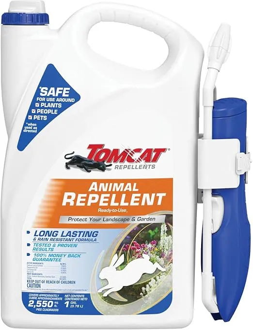 Tomcat Repellents Animal Repellent Ready-to-Use - With Comfort Wand, Repels Rabbits, Squirrels, Groundhogs and Other Small Animals, Contains Essential Oils, No Stink, Rain-Resistant, 1 gal.