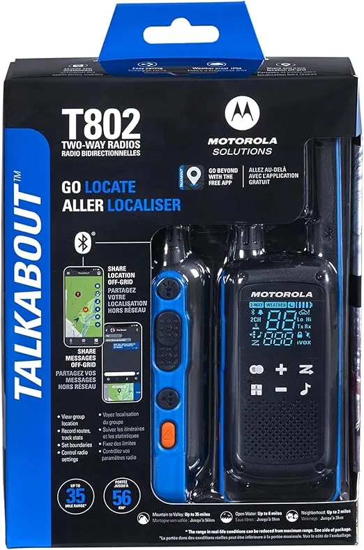 Motorola Solutions, Portable FRS, T802, Talkabout, Two-Way Radios, Emergency Preparedness, Rechargable, 22 Channel, 35 Mile, Black W/Blue, 2 Pack