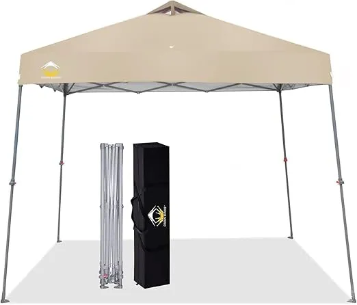 CROWN SHADES 9x9 Pop Up Canopy Tent Slanted Legs for Added Stability - Beach Tent Sun Shelter for Outdoor Shades - Canopy with 11x11 Base, with Carry Bag, Beige