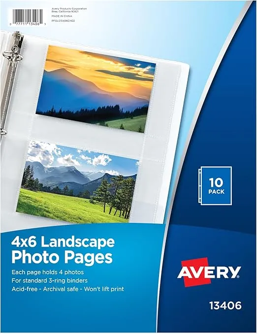 Avery Clear Photo Album Pages for 3 Ring Binder, 10 Sleeves Holds 40 Total Horizontal 4" x 6" Photos (13406)