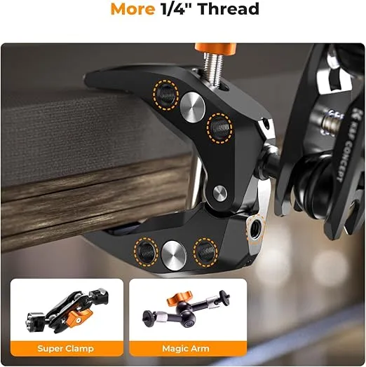 K&F Concept MS13 Magic Arm with Super Clamp, Super Clamp with Two 360° Ball Heads, 1/4" Thread and 1/4" Screw Compatible with Camera, Phone, GoPro, Tripod