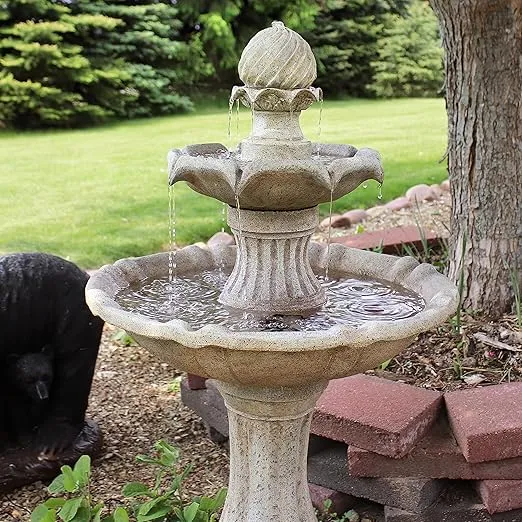 Sunnydaze Pineapple 46-Inch 2-Tier Solar Water Fountain with Battery Backup - Submersible Pump - Earth Finish